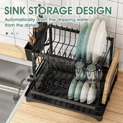2 Tier Dish Drainer Drying Rack with Cup Holder Cutlery Tray Kitchen Organiser