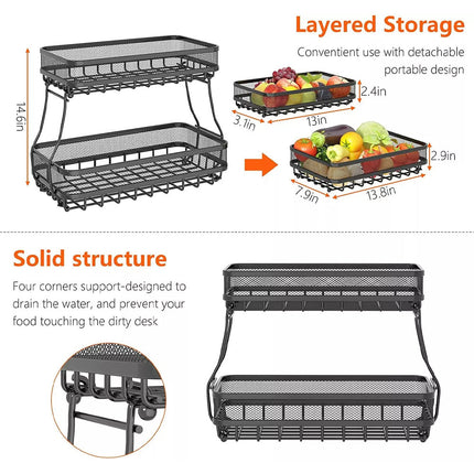 2-Tier Metal Fruit Storage Basket Rectangular Bread Basket for Fruit Vegetables