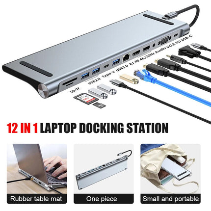 12 in 1 Laptop Docking Station Type-C Dual HDMI Adapter USB-C Triple Display