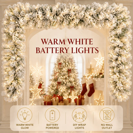 2.7m White Snow Flocked Christmas Garland Hanging Rattan Warm Light Indoor DIY Mantel Decor
