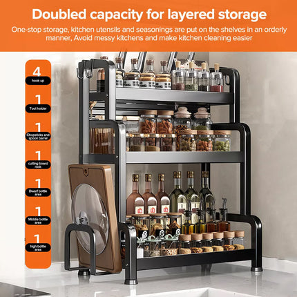 3 Tiers Kitchen Organiser Spice Rack Jar Shelves Storage Seasoning Stand Shelf Black