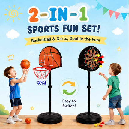2 in 1 Kids Basketball Hoop & Magnetic Dart Board Set Adjustable Height Indoor