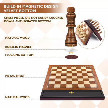 35*35*3cm Magnetic Large Wooden Timber Oak Chess Set Folding Chessboard