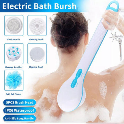 5 in 1 Electric Rechargeable Body Brush Long Handle Bath Shower Back Scrubber