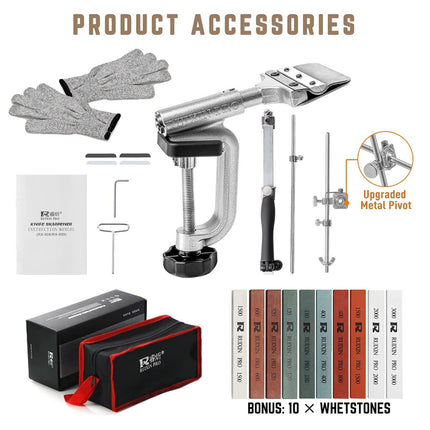 Knife Sharpener System Angle Adjustable Sharpening w/ 10 Whetstones & Gloves Set