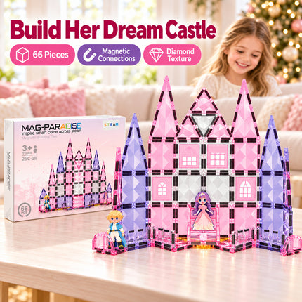 66 Pcs Diamond Magnetic Tiles Pink Princess Castle Building Set Christmas Gift