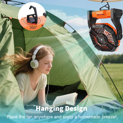 Portable LED Fan Camping Lights Rechargeable For Outdoor USB Tent Lamp With Hook Orange