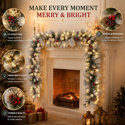 270cm Lush Snow Flocked Christmas Garland Pre-Lit LED Berry Pinecone Battery