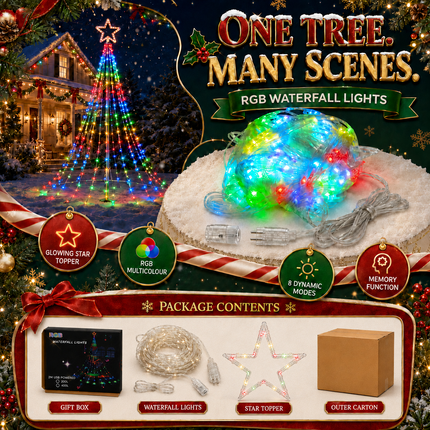 270 LED 9 Strands 3M RGB Waterfall Christmas Tree Lights Star 8 Modes Memory