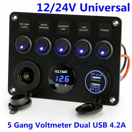 12V Switch Panel USB Charger 5 GANG ON-OFF Toggle LED Rocker for Car Boat Marine