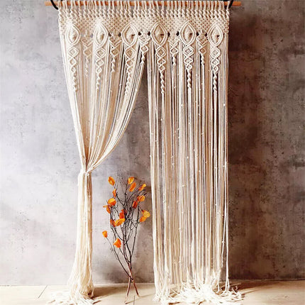 Macrame Beaded Curtain Door Curtains Boho Wedding Backdrop Decor Beige 90x180cm