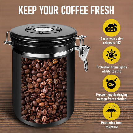 1.5L Coffee Bean Container Spoon Store Canister Airtight Steel Lock Seal New