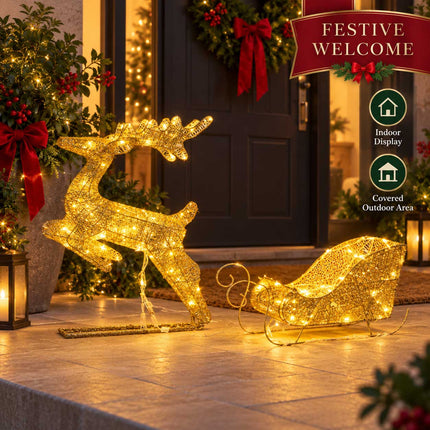 Light Up Christmas Reindeer Sleigh Solar Plug In LED Indoor Outdoor Decoration