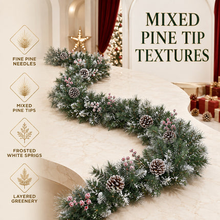 270cm Lightly Frosted Pine Christmas Garland with Pine Cones & Red Berries Decor