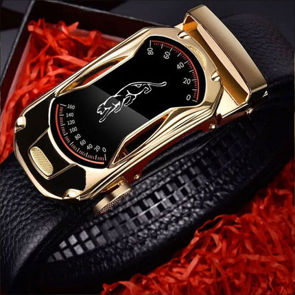 Men's Leather Belt Detachable Waistband Cuttable Strap Automatic Steel Buckle Gold