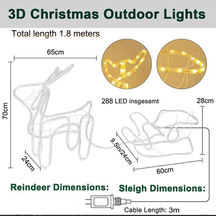 Warm White Reindeer Sleigh Lights Outdoor Christmas Decoration, 3D 1.8M Rope Light Xmas