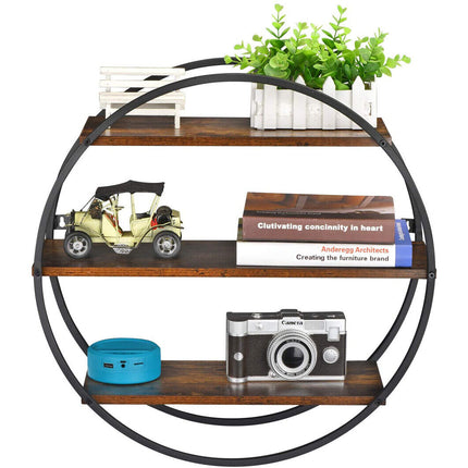 Floating Shelves 3 Tier Decorative Geometric Circle Metal and Wood Wall Shelves