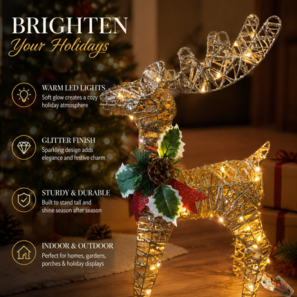 60cm LED Glitter Reindeer Christmas Decoration Xmas Deer Ornament Indoor Outdoor
