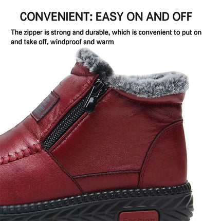 Women Waterproof Leather Warm Fleece Snow Ankle Boots Winter Non-slip Flat Shoes