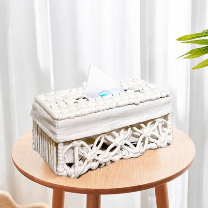 Tissue Box Woven Cotton Rope Paper Cube Organizer Container Case Holder White