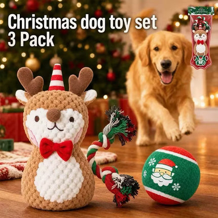 Festive Elk Christmas Dog Toy Set with Durable Cotton Rope and Soft Plush Ball Chew Toys