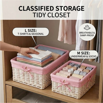 Pink 3 Pcs Wicker Storage Basket Washing Clothes Basket Hamper Picnic Basket set
