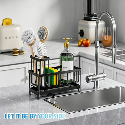 Black Metal Kitchen Sink Sponge Organizer Rack with Brush Holder