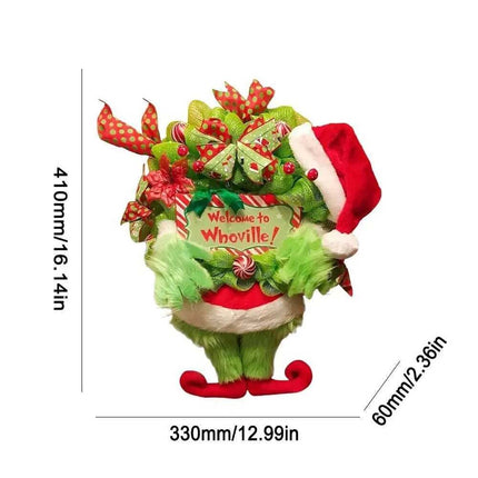 Xmas Grinch‑Themed Outdoor Wreath Hanging Decoration, Christmas Party Ornament
