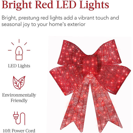 Large Red Bow Pre-Lit LED Light with Red Ribbon Christmas Door Tree Decor