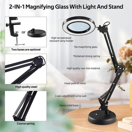 10X Magnifying Glass Desk Light Magnifier LED Lamp Reading Lamp With Base& Clamp