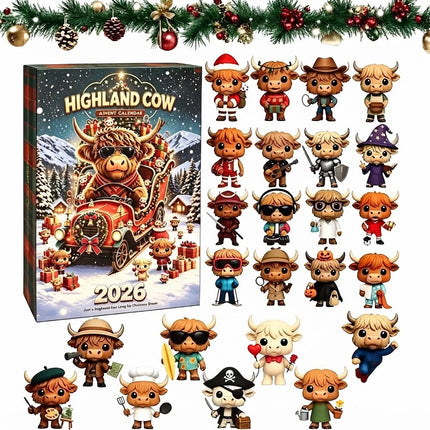 3D Highland Cow Advent Calendar 2026, 24 Days Christmas Countdown Calendar Gifts    （3D Sleigh Cattle）