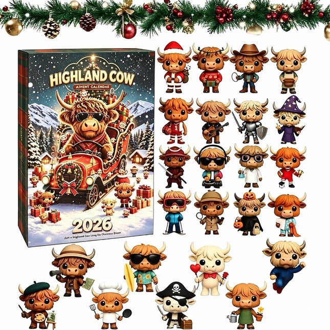 3D Highland Cow Advent Calendar 2026, 24 Days Christmas Countdown Calendar Gifts    （3D Sleigh Cattle）