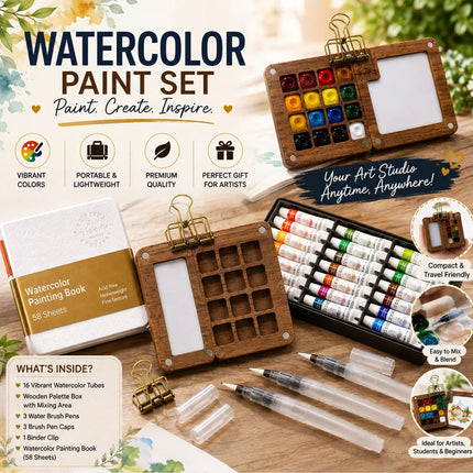 Pocket Artist Watercolor Travel Set Mini Portable Wooden Paint Palette Kits NEW