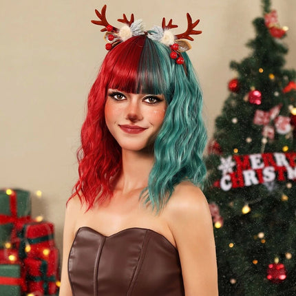 Christmas Wig Red and Green Wig Short Wavy Fun Wigs with Bangs Curly Bob Wigs