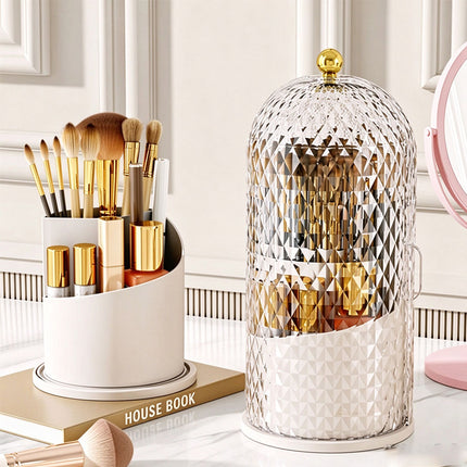 360° Rotating Makeup Brush Holder Cosmetic Organizer Storage Box with Lid