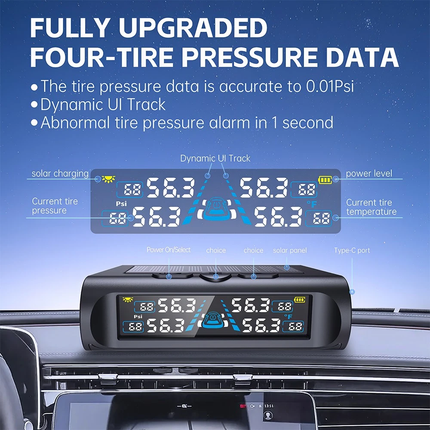 Solar Wireless TPMS Car Tire Tyre Pressure Monitor Monitoring System & 4 Sensors