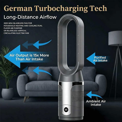 Black 2-in-1 Cooling & Heating Bladeless Tower Fan with Remote