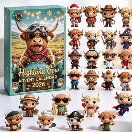 24 Day Highland Cow Advent Calendar 2026 3D Flat Mini Figures Xmas Gift Toy (1set）