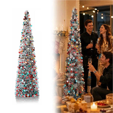 Foldable Christmas Tree Retractable Tinsel Tree Holiday Decor Silver and colors