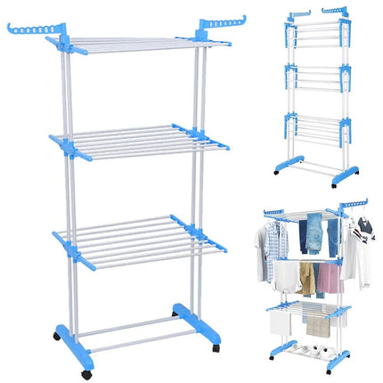 4 Tier Foldable Clothes Airer Drying Rack Wheels Laundry Dryer Hanging - Image 1