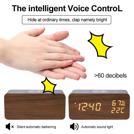Bedside Digital Alarm Clock Indoor Temp Free Standing Wood USB & Batteries Recta
