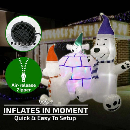 Inflatable Christmas Bear Family & Igloo W/ Disco Lights 1.85M Xmas Decor Gift