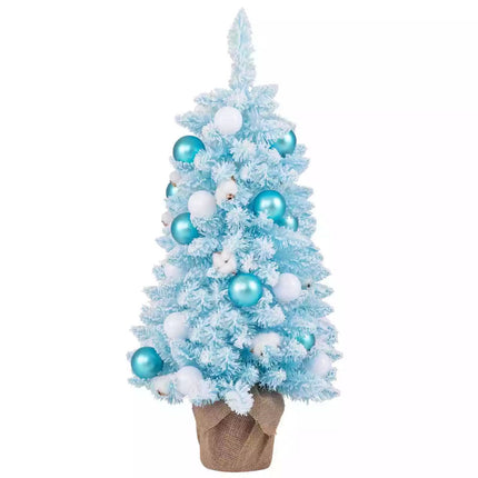 Pre-Decorated Tabletop Mini Christmas Tree Xmas Decor Snowy Branches Cotton Blue + White
