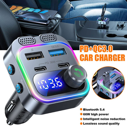 Car Wireless Bluetooth 5.0 FM Transmitter Adapter Type-C PD 66W Fast USB Charger