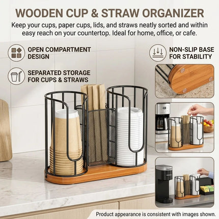Drink Cup Holder Wood Base Tableware Storage Easy Reach for Countertop, Office