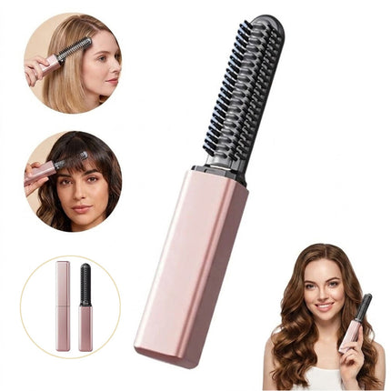 Rose Gold Cordless Mini Hair Straightener Brush USB Rechargeable