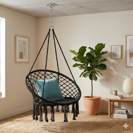 Black Hammock Chair Macrame Cotton Swing Bed Relax Indoor Outdoor Hanging Garden