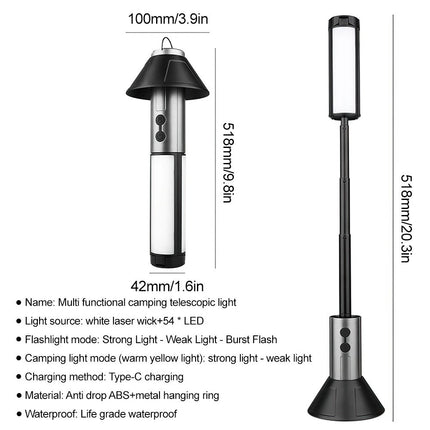 Portable Tent Light Outdoor Camping Lantern Telescopic Night Lamp Rechargeable