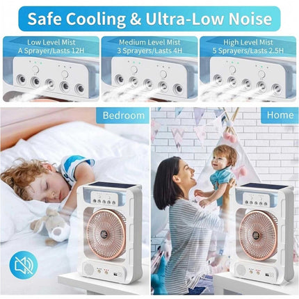 Portable Solar Air Fan Cooler With Humidifier Bluetooth Speaker Camping Light