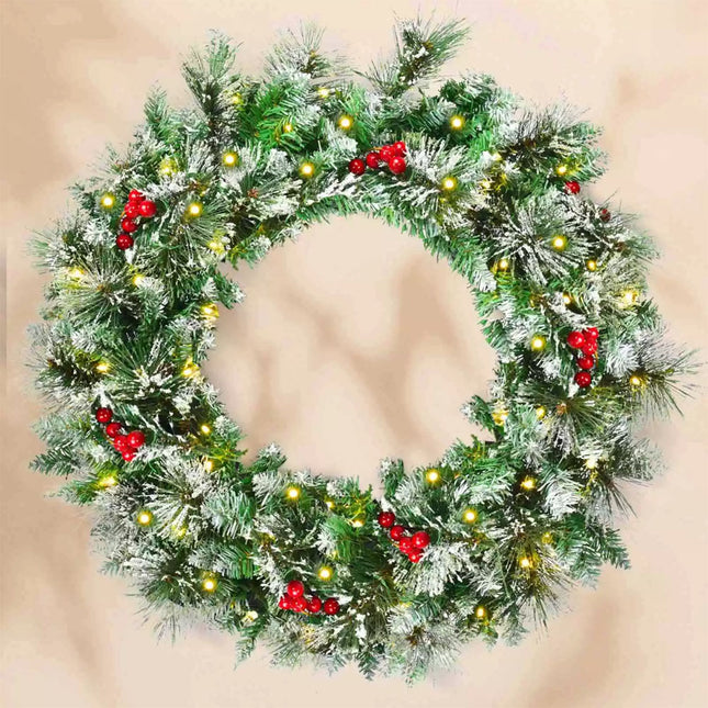 60cm Pre-lit Garland Christmas Wreath w/ 50 White LED Lights Built-in Timer Xmas